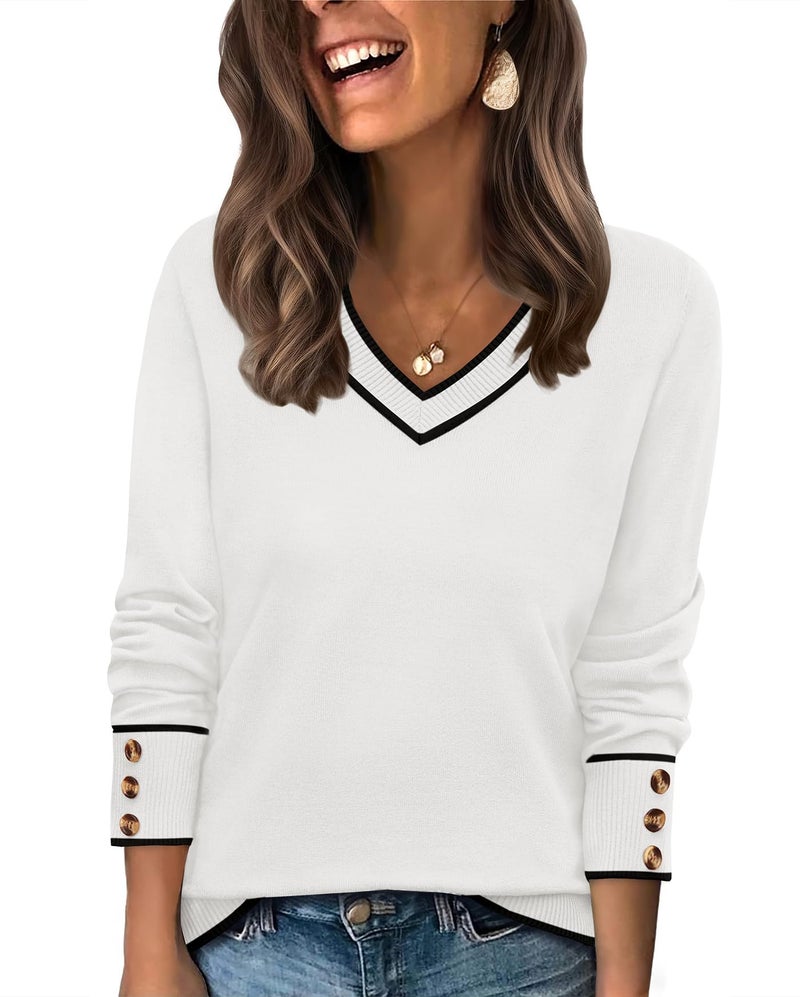 WIHOLL Long Sleeve Shirts for Women Button Cuff V Neck Cashmere Sweaters Lightweight Cute Fall Outfits for Women 2026 Business Casual Winter Spring Clothes Color Block White S - Image 1