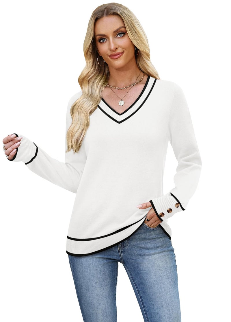 WIHOLL Long Sleeve Shirts for Women Button Cuff V Neck Cashmere Sweaters Lightweight Cute Fall Outfits for Women 2026 Business Casual Winter Spring Clothes Color Block White S - Image 4