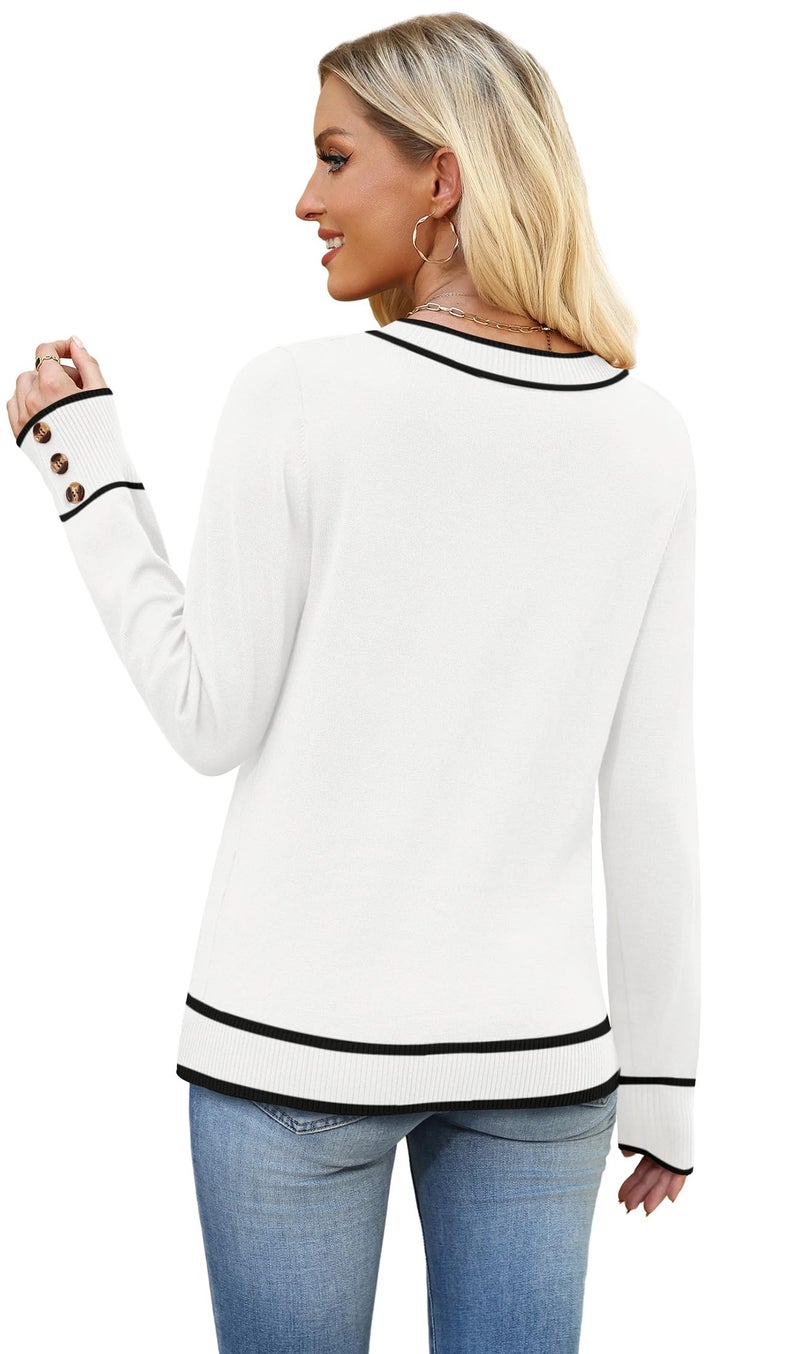 WIHOLL Long Sleeve Shirts for Women Button Cuff V Neck Cashmere Sweaters Lightweight Cute Fall Outfits for Women 2026 Business Casual Winter Spring Clothes Color Block White S - Image 5