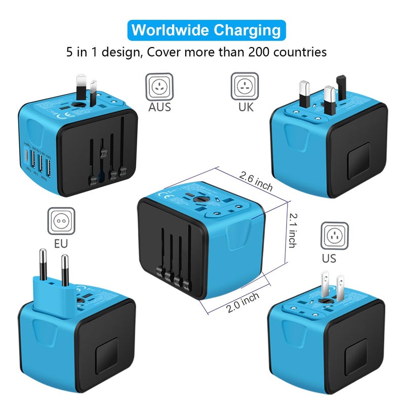 SAUNORCH Travel Adapter Worldwide, Universal International Power Plug Adapter W/2.4A 3xUSB-A and 3.0A Type-C Wall Charger, European Travel Plug Adapter for Europe UK EU US CA AU Italy Asia-Blue - Image 3