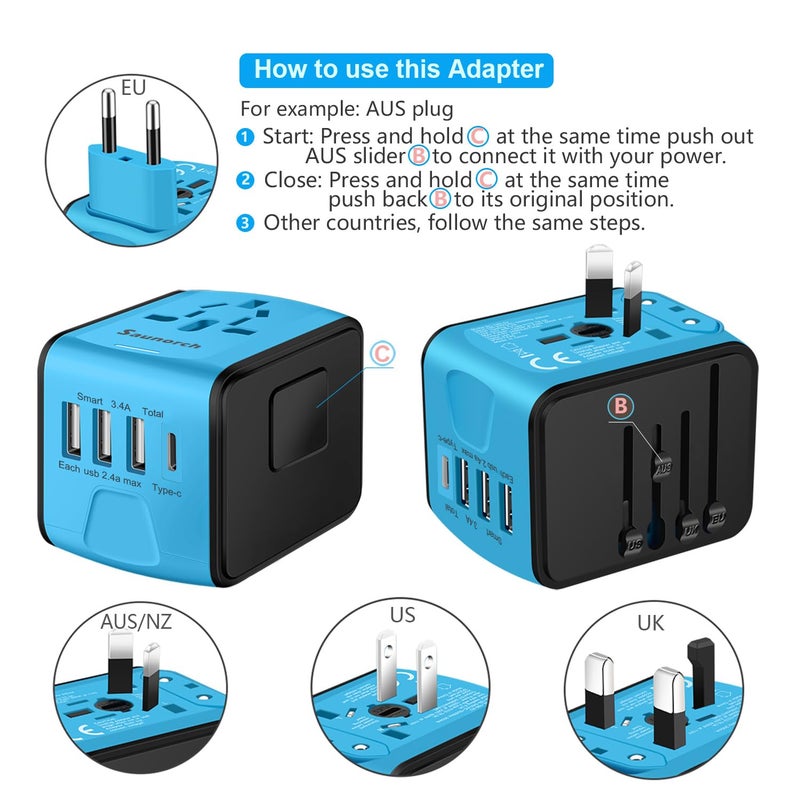 SAUNORCH Travel Adapter Worldwide, Universal International Power Plug Adapter W/2.4A 3xUSB-A and 3.0A Type-C Wall Charger, European Travel Plug Adapter for Europe UK EU US CA AU Italy Asia-Blue - Image 5