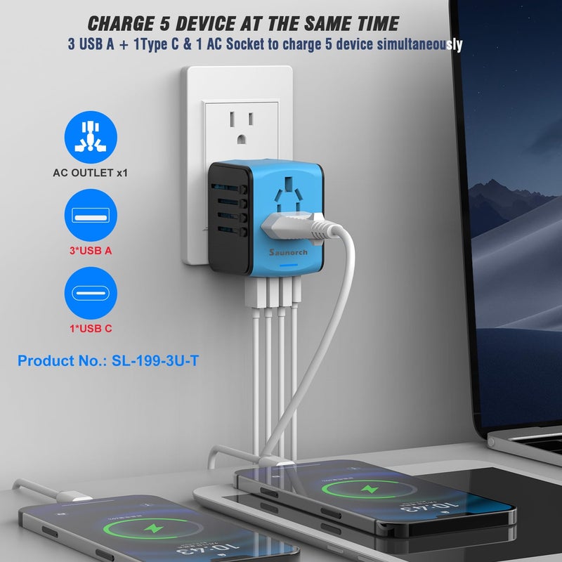 SAUNORCH Travel Adapter Worldwide, Universal International Power Plug Adapter W/2.4A 3xUSB-A and 3.0A Type-C Wall Charger, European Travel Plug Adapter for Europe UK EU US CA AU Italy Asia-Blue - Image 2