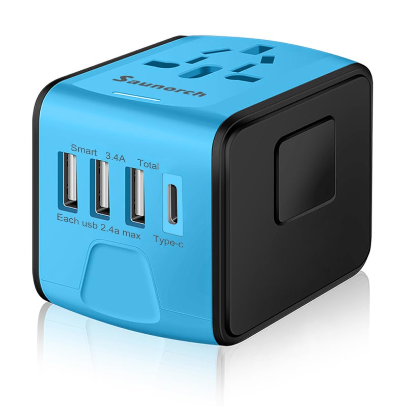 SAUNORCH Travel Adapter Worldwide, Universal International Power Plug Adapter W/2.4A 3xUSB-A and 3.0A Type-C Wall Charger, European Travel Plug Adapter for Europe UK EU US CA AU Italy Asia-Blue - Image 1
