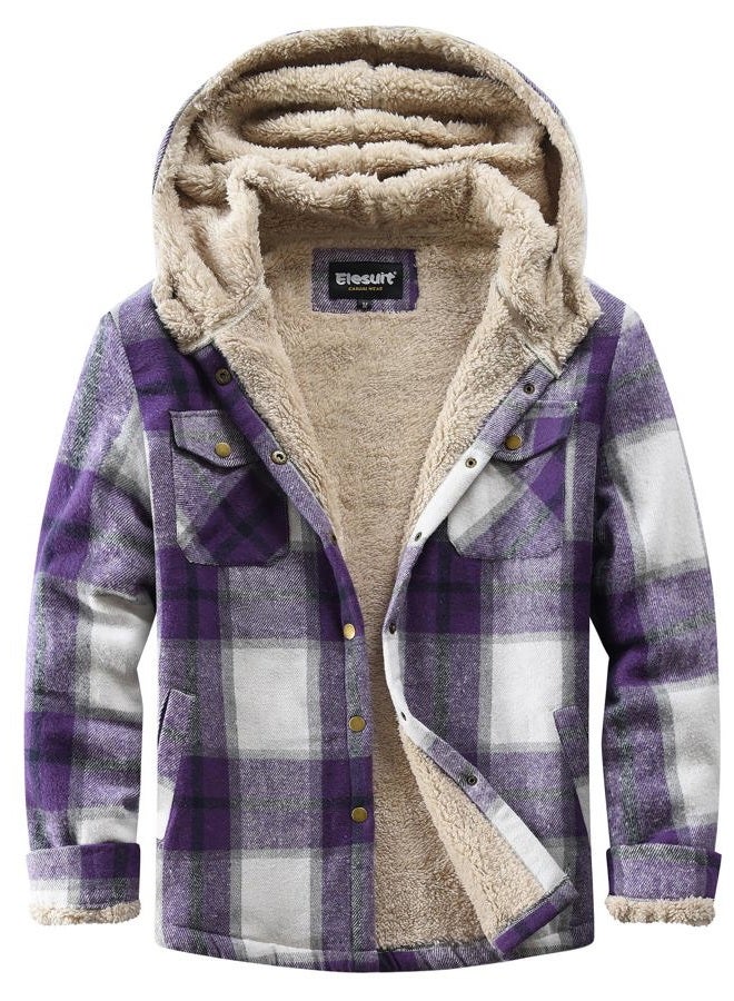 Elesuit Women's Fleece Flannel Jacket Plaid Sherpa Lined Jacket Long Sleeve Button Down Hooded Jackets for Women, Purple, L - Image 1