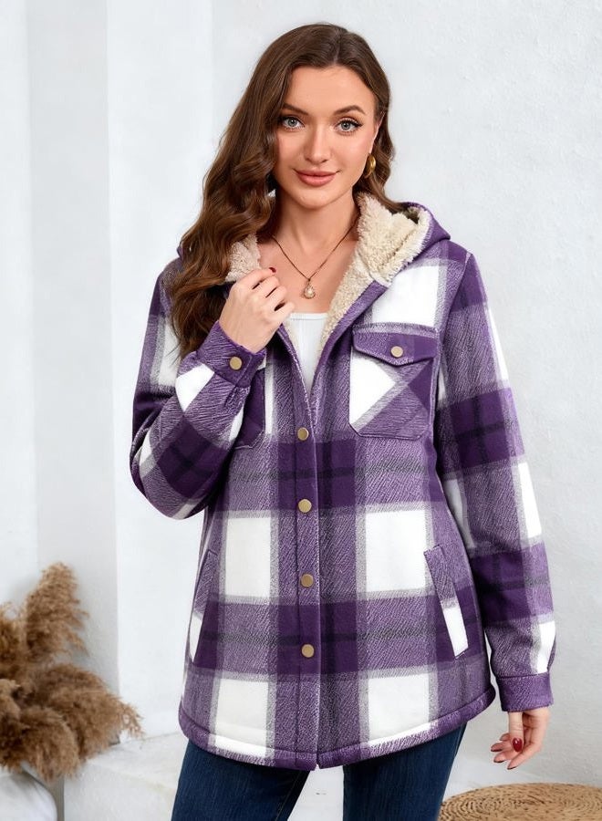 Elesuit Women's Fleece Flannel Jacket Plaid Sherpa Lined Jacket Long Sleeve Button Down Hooded Jackets for Women, Purple, L - Image 5