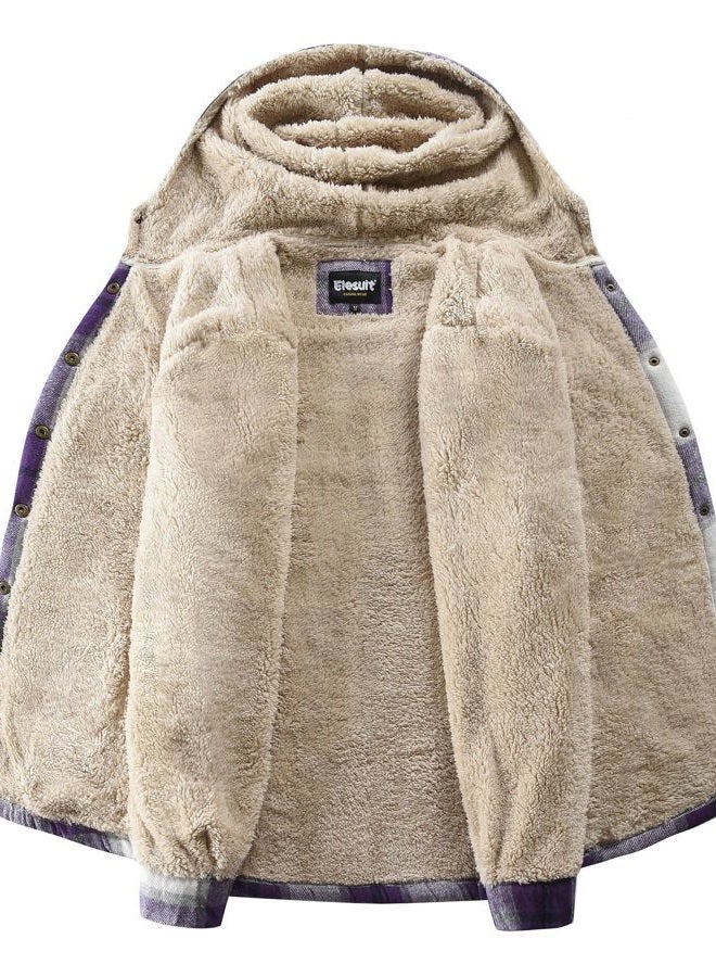 Elesuit Women's Fleece Flannel Jacket Plaid Sherpa Lined Jacket Long Sleeve Button Down Hooded Jackets for Women, Purple, L - Image 2