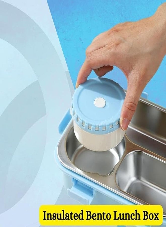 RBGIIT 3 Compartment Lunch Box with 1 Mini Container - 1 Spoon & Chopsticks - Perfect for School, College & Office - Ideal for Kids & Adults - Pack of 1 - Light Blue - Image 2