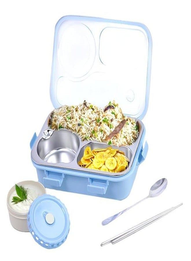 RBGIIT 3 Compartment Lunch Box with 1 Mini Container - 1 Spoon & Chopsticks - Perfect for School, College & Office - Ideal for Kids & Adults - Pack of 1 - Light Blue - Image 1