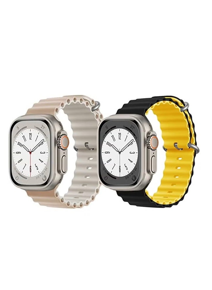 vesus Silicone Ocean Band Strap for Apple Watch Ultra 8 49mm Beige/White Double Side Strap with Black/Yellow Double Side Strap Set of 2