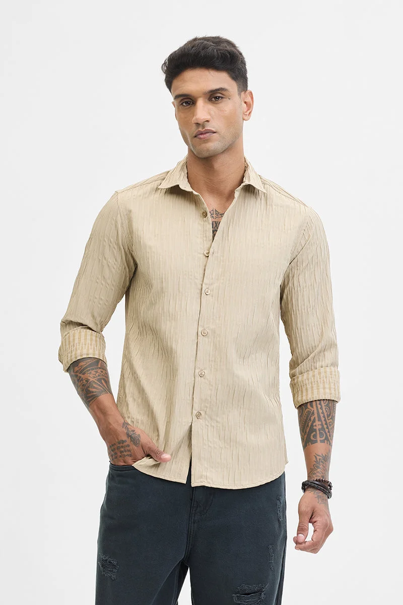 SNITCH Beige Textured Long Sleeve Slim Fit Casual Shirt