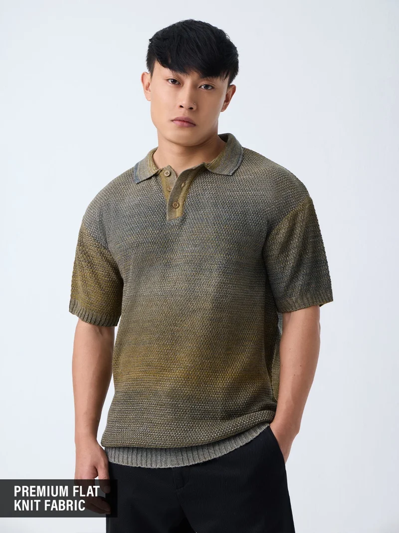 The Souled Store Everyday Polo: Woodgrain Men and Boys Short Sleeve Spread Collar Dark Green Textured Acrylic Winter Casual Street Wear Polo Shirts