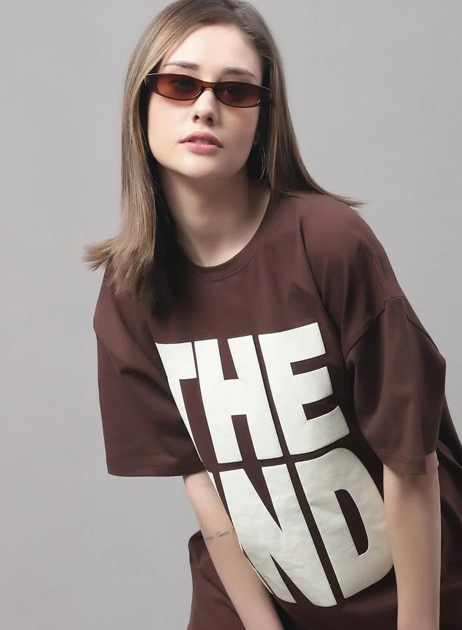 Styli Women Brown Oversized Graphic Print T-Shirt By Door74