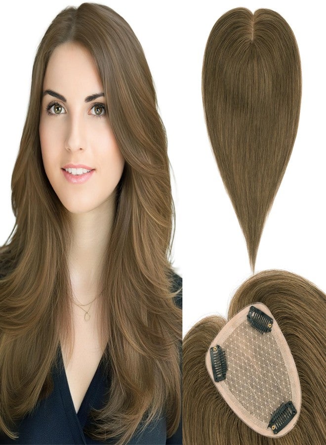 SEGO Hair Toppers for Women Real Human Hair Large Full Silk Base 9 * 14 cm Free Part No Bangs 150% Density Clip In Topper Hairpieces for Women with Thinning Hair /10 Inch #4Y Medium Neutral Brown - Image 1