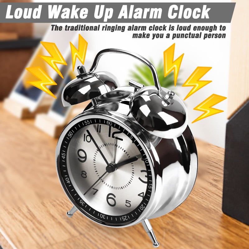 AYRELY Super Loud Alarm Clock for Heavy Sleepers Adults,Twin Bell Retro 4 Inch Silent Non-Ticking Quartz with Backlight, Metal dial, Alarm Clocks for Bedrooms Bedside (Gray) - Image 4