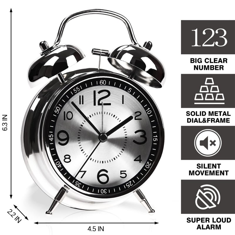 AYRELY Super Loud Alarm Clock for Heavy Sleepers Adults,Twin Bell Retro 4 Inch Silent Non-Ticking Quartz with Backlight, Metal dial, Alarm Clocks for Bedrooms Bedside (Gray) - Image 2