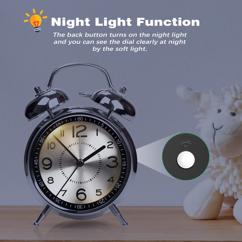 AYRELY Super Loud Alarm Clock for Heavy Sleepers Adults,Twin Bell Retro 4 Inch Silent Non-Ticking Quartz with Backlight, Metal dial, Alarm Clocks for Bedrooms Bedside (Gray) - Image 5