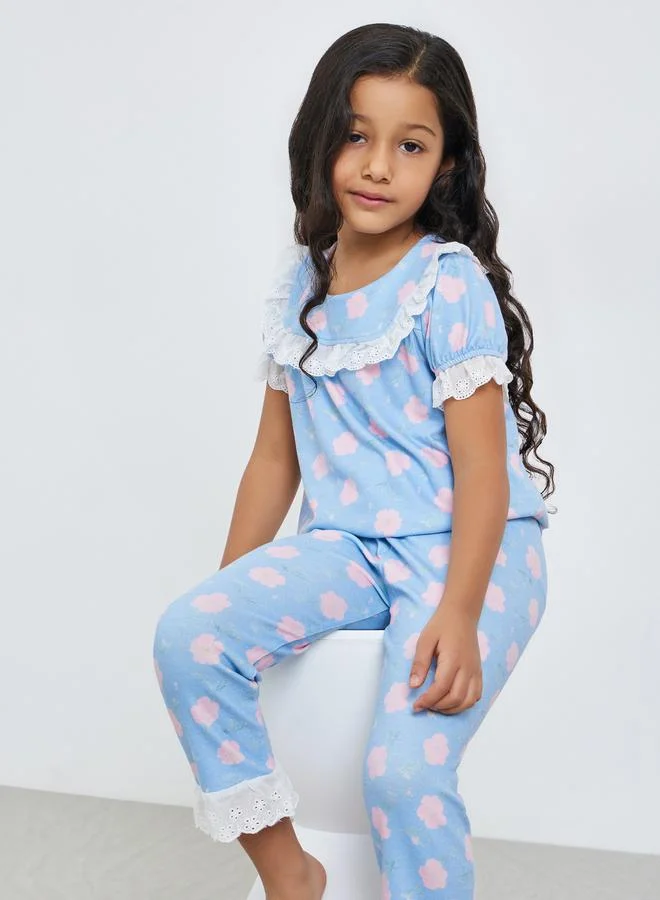Styli Girls Blue Floral Print Top and Pyjama Set