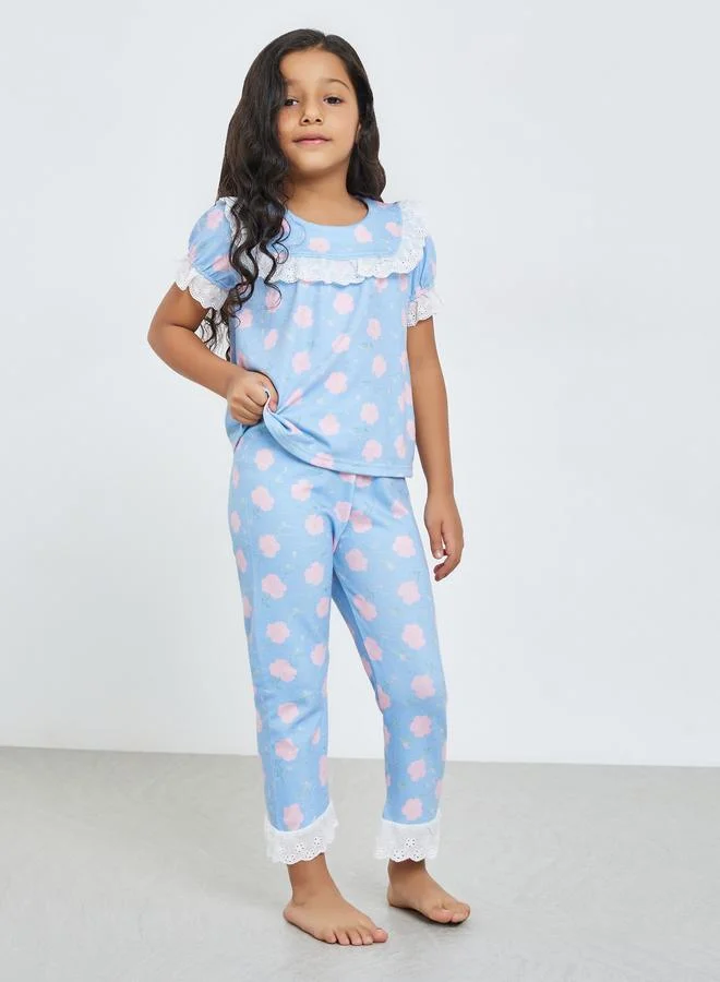 Styli Girls Blue Floral Print Top and Pyjama Set