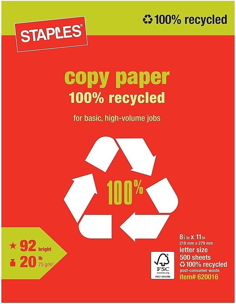 Staples 100 Recycled Copy Fax Laser Inkjet Printer Paper Bright White 500 Sheets - Image 1