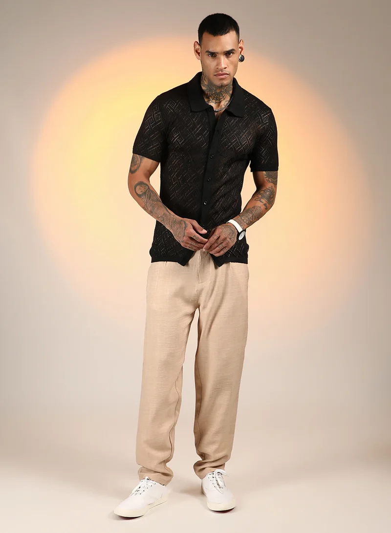 Campus Sutra Men's Onyx Black Overlap-Textured Knit Shirt