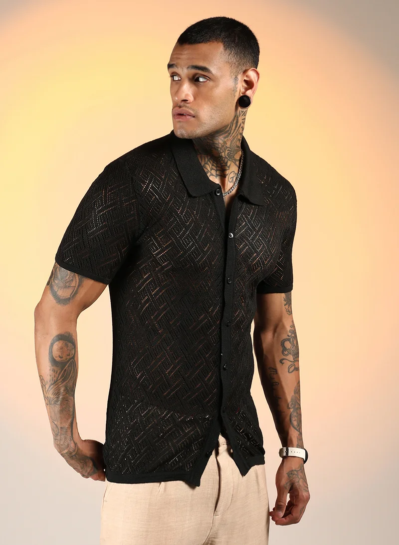Campus Sutra Men's Onyx Black Overlap-Textured Knit Shirt
