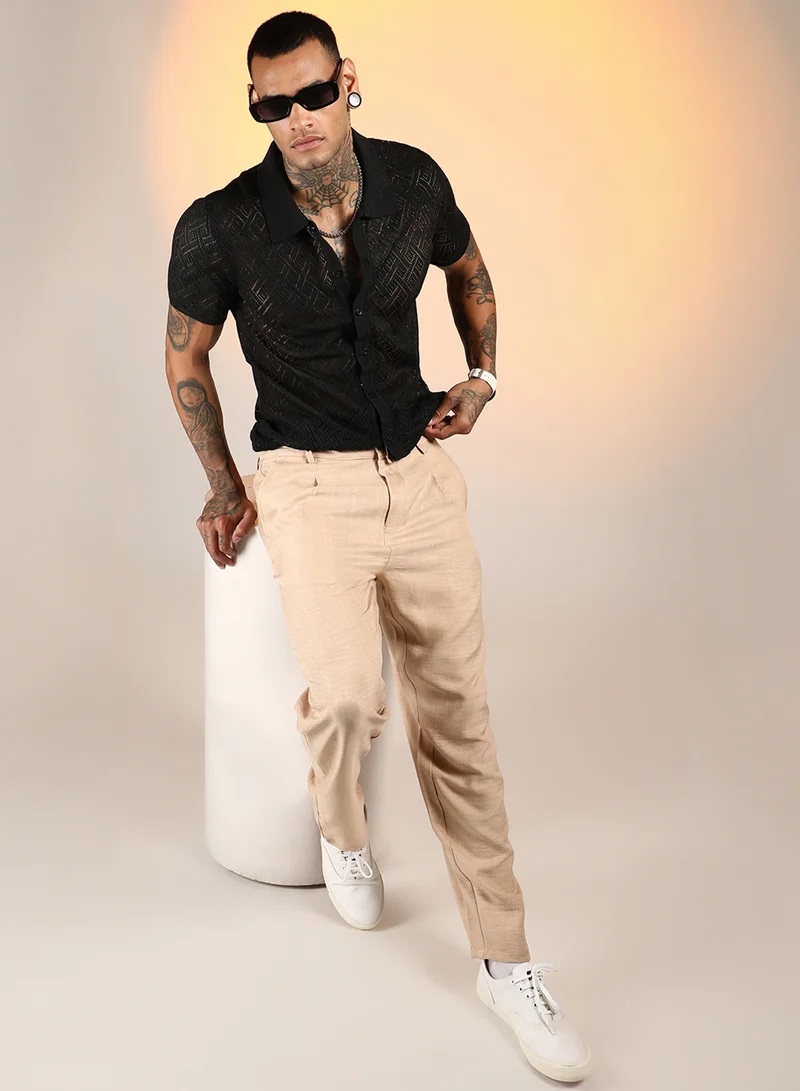 Campus Sutra Men's Onyx Black Overlap-Textured Knit Shirt