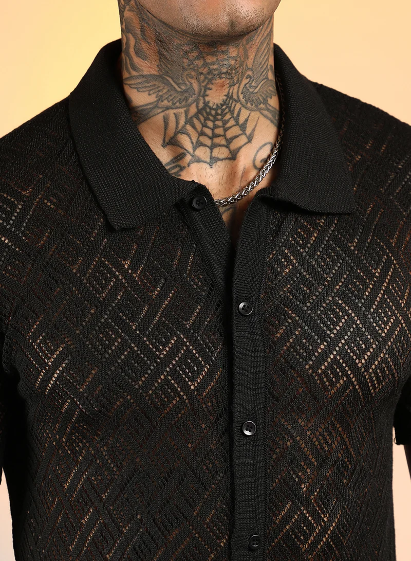 Campus Sutra Men's Onyx Black Overlap-Textured Knit Shirt
