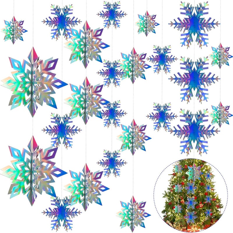 klarako 24 Pcs 3D Hollow Snowflakes Christmas Winter Hanging Snowflakes Decorations Holographic Glittery Large Snowflake Garland Frozen Pendant Birthday Party Winter Wonderland Decorations - Image 1