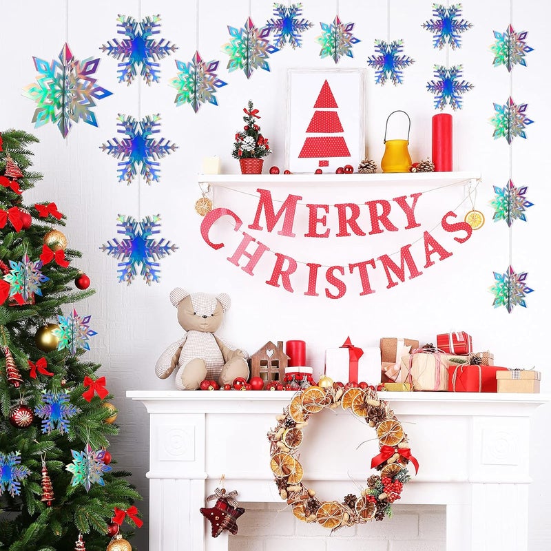 klarako 24 Pcs 3D Hollow Snowflakes Christmas Winter Hanging Snowflakes Decorations Holographic Glittery Large Snowflake Garland Frozen Pendant Birthday Party Winter Wonderland Decorations - Image 4