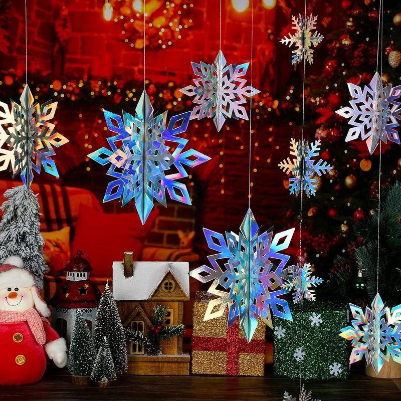 klarako 24 Pcs 3D Hollow Snowflakes Christmas Winter Hanging Snowflakes Decorations Holographic Glittery Large Snowflake Garland Frozen Pendant Birthday Party Winter Wonderland Decorations - Image 5