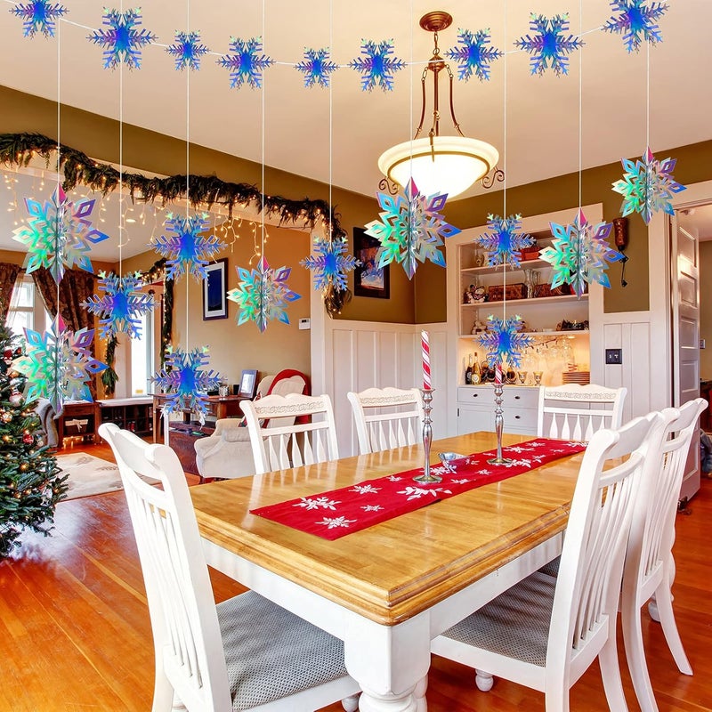 klarako 24 Pcs 3D Hollow Snowflakes Christmas Winter Hanging Snowflakes Decorations Holographic Glittery Large Snowflake Garland Frozen Pendant Birthday Party Winter Wonderland Decorations - Image 3