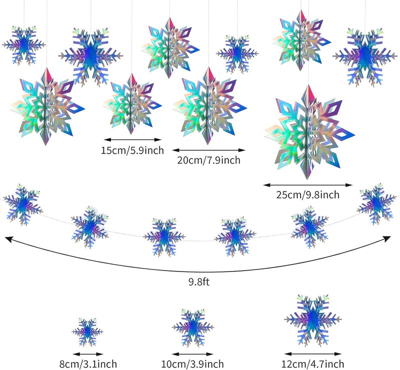 klarako 24 Pcs 3D Hollow Snowflakes Christmas Winter Hanging Snowflakes Decorations Holographic Glittery Large Snowflake Garland Frozen Pendant Birthday Party Winter Wonderland Decorations - Image 2