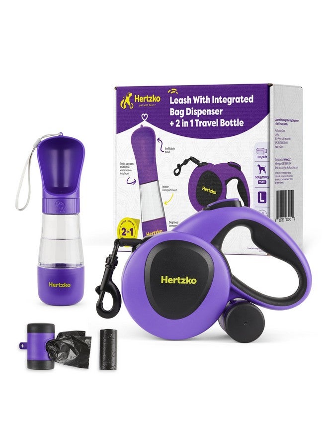 Hertzko Heavy Duty Retractable Dog Leash with Built-in Poop Bag Holder + Water Dispenser/Bottle - Purple & Black, 16 Ft, Small, Medium & Large Dogs Up to 110lbs, Heavy Duty Purple Leash w/Thick Rope - Image 1