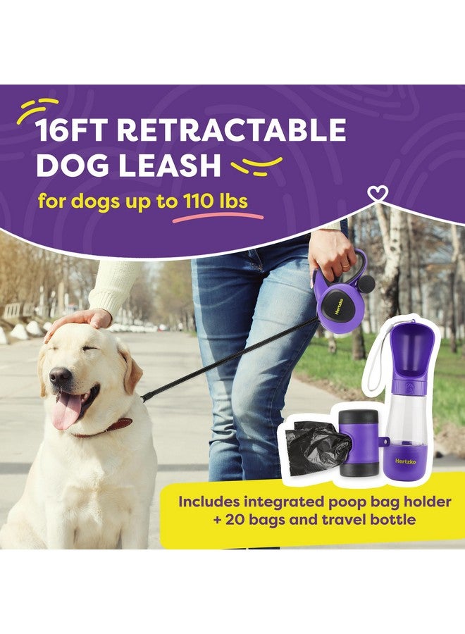 Hertzko Heavy Duty Retractable Dog Leash with Built-in Poop Bag Holder + Water Dispenser/Bottle - Purple & Black, 16 Ft, Small, Medium & Large Dogs Up to 110lbs, Heavy Duty Purple Leash w/Thick Rope - Image 2