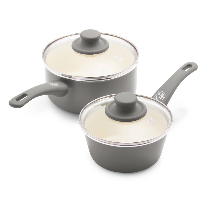 GreenLife Soft Grip 1QT and 2QT Saucepan Set Healthy Ceramic Nonstick Non Toxic PFAS  PFOAFree Dishwasher Safe Glass Lids StayCool Handles Easy Clean Cookware Kitchen Essentials Gray