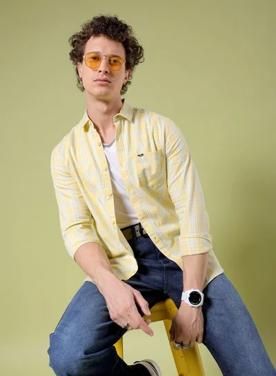 ذا انديان كراج كو Men Slim Fit Checkered Full Sleeves Cutaway Collar Casual Shirt
