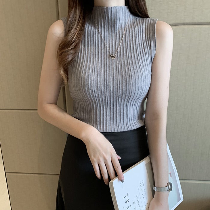Half-High Collar T-Shirt Women'S Summer Knitted Vest Sleeveless Top Base Shirt For - Image 1