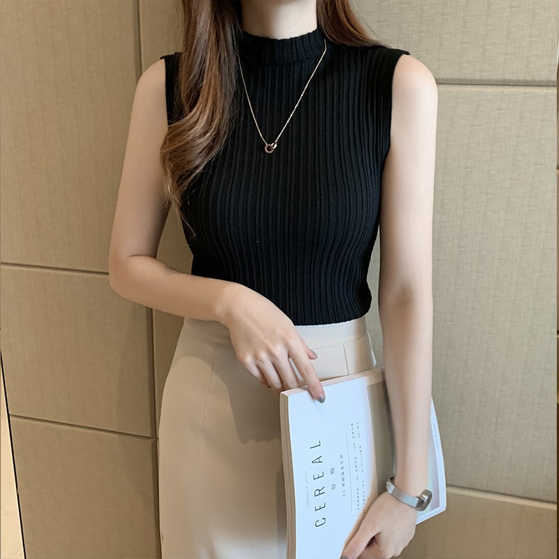 Half-High Collar T-Shirt Women'S Summer Knitted Vest Sleeveless Top Base Shirt For - Image 5