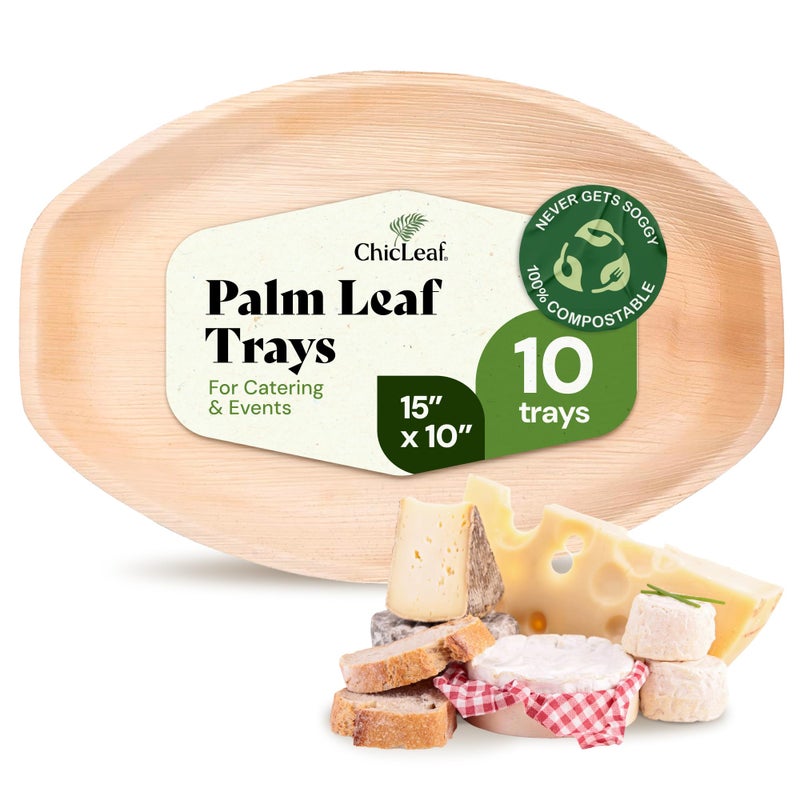 Chic Leaf All Natural Compostable Disposable Rectangular 15 x 10 Palm Leaf Tray for Party Charcuterie Board Winter Catering Wedding Appetizers Party Plates 10 pc