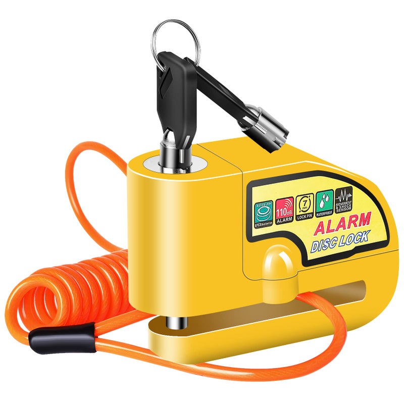 Motorcycle Alarm Disc Brake Lock Motorcycle Locks Anti Theft Security Wheel Disc Lock Waterproof 110dB Alarm Sound with 5ft Reminder Cable Keys and Carry Pouch for Motorbike Bike Scooter
