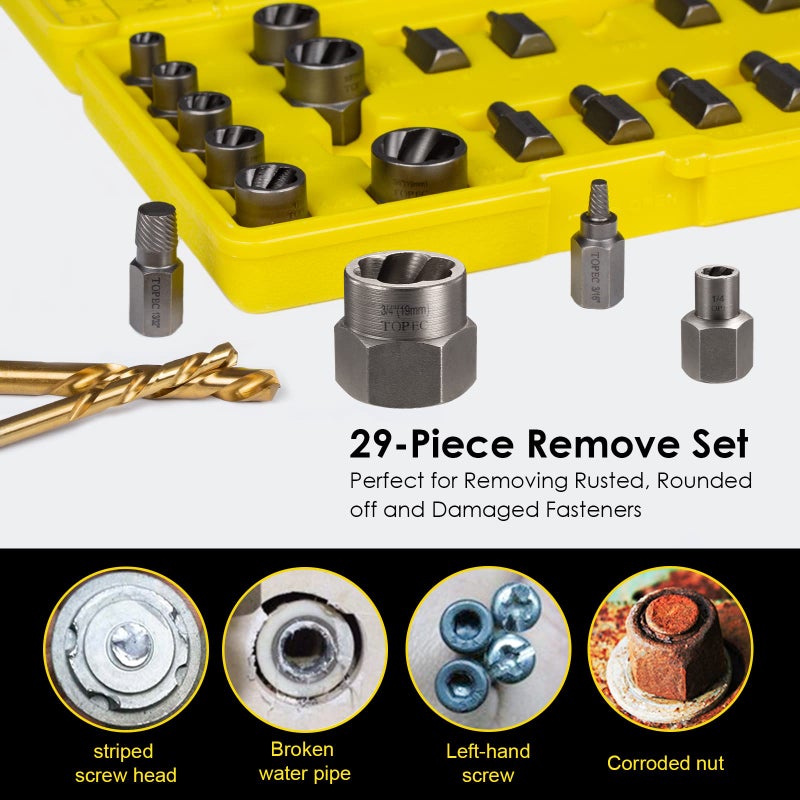 Topec Bolt Extractor Kit, 29 Piece Screw Extractor and Left Hand Drill Bit Set, Easy Out Stripped Lug Nut Remover Socket for Stripped, Damaged, Rounded-Off, Rusted Bolts, Nuts & Screws - Image 2