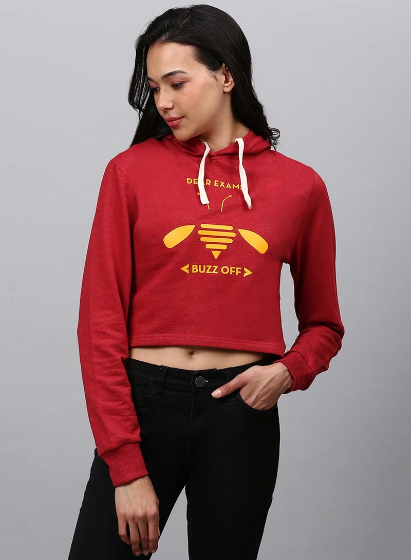 Campus Sutra Women's Rose Red Buzz-Off Print Crop Hoodie