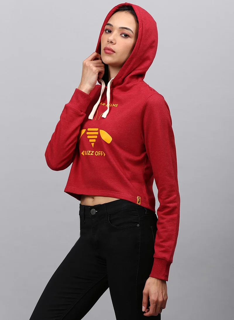 Campus Sutra Women's Rose Red Buzz-Off Print Crop Hoodie