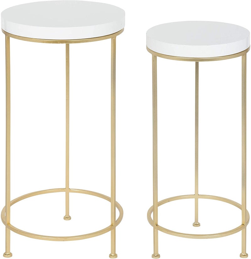 INDIAN DECOR INDIAN DECOR 55884 Metal and Wood Nesting Tables Set White Top with Gold Base 2 Piece  - Image 1