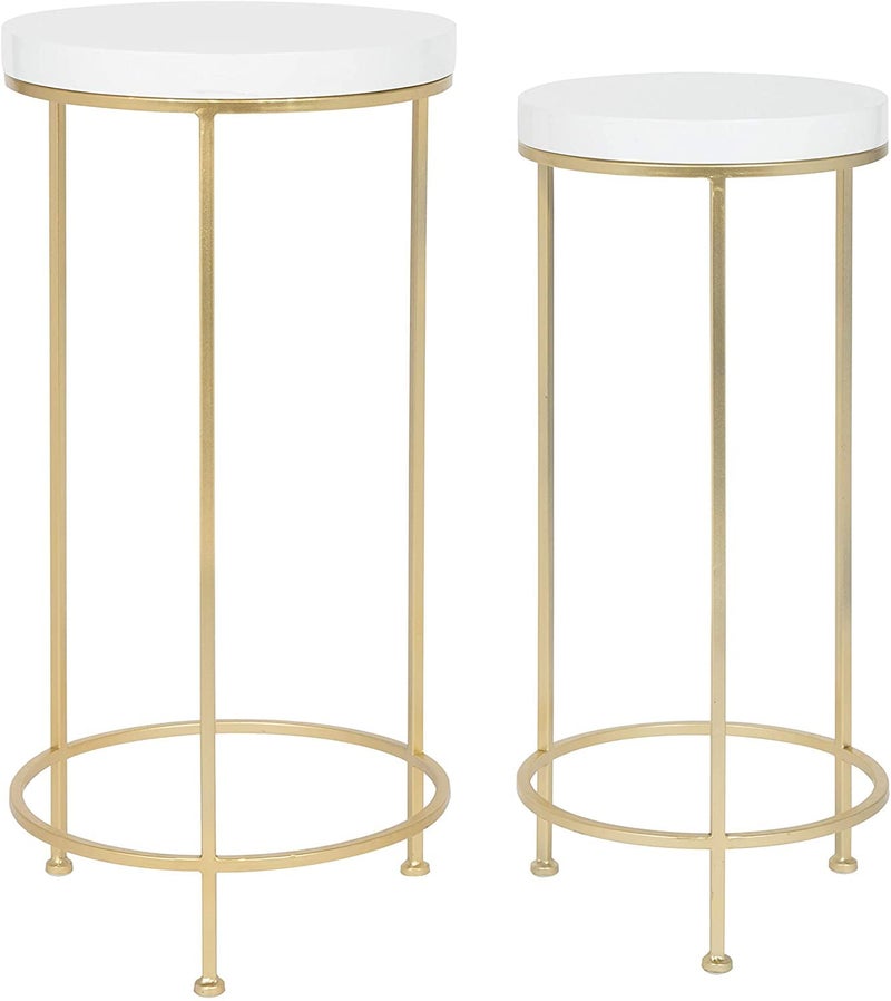 INDIAN DECOR INDIAN DECOR 55884 Metal and Wood Nesting Tables Set White Top with Gold Base 2 Piece  - Image 4