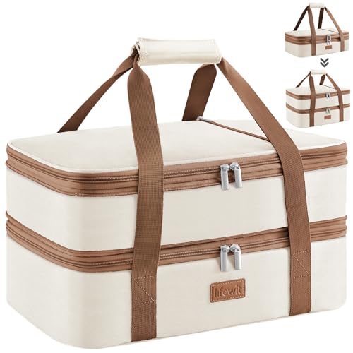 Lifewit حقيبة طعام معزولة قابلة للتوسيع من Lifewit لحمل الأطباق الساخنة أو الباردة، حقيبة طعام بطبقتين لحمل اللازانيا، حقيبة نقل لحفلات البوفيه والنزهات، تناسب صينية الخبز 9x13 بوصة، لون كريمي