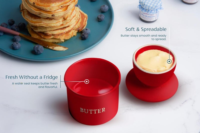 Kook Butter Crock with Lid, Soft Spreadable Butter, Ceramic French Butter Keeper to Leave On Counter with Water Line, Butter Dish, Home and Kitchen Decor, Perfect for Christmas Gift (Matte Red) - Image 3
