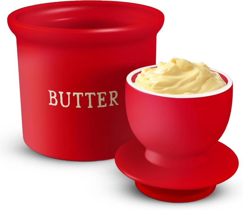 Kook Butter Crock with Lid, Soft Spreadable Butter, Ceramic French Butter Keeper to Leave On Counter with Water Line, Butter Dish, Home and Kitchen Decor, Perfect for Christmas Gift (Matte Red) - Image 2