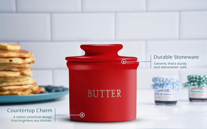 Kook Butter Crock with Lid, Soft Spreadable Butter, Ceramic French Butter Keeper to Leave On Counter with Water Line, Butter Dish, Home and Kitchen Decor, Perfect for Christmas Gift (Matte Red) - Image 4