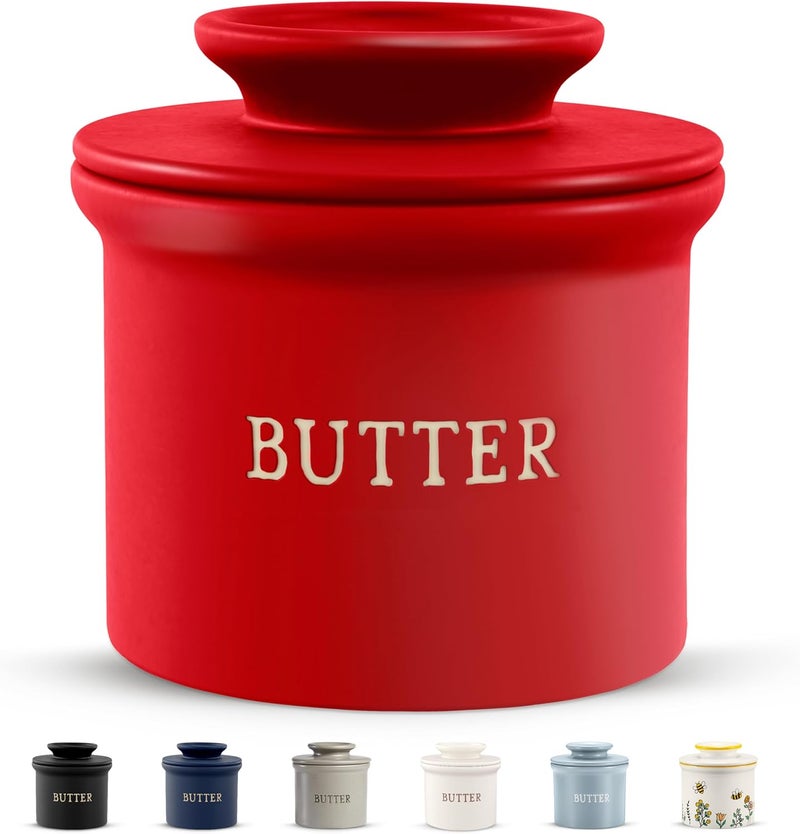 Kook Butter Crock with Lid, Soft Spreadable Butter, Ceramic French Butter Keeper to Leave On Counter with Water Line, Butter Dish, Home and Kitchen Decor, Perfect for Christmas Gift (Matte Red) - Image 1